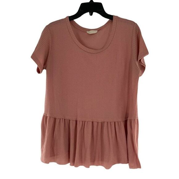 Entro Blouse Womens L Short Sleeve Waffle Knit Ruffled Hem Casual Feminine Boho - Picture 1 of 9